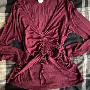 Burgundy deep v long sleeve scrunch blouse